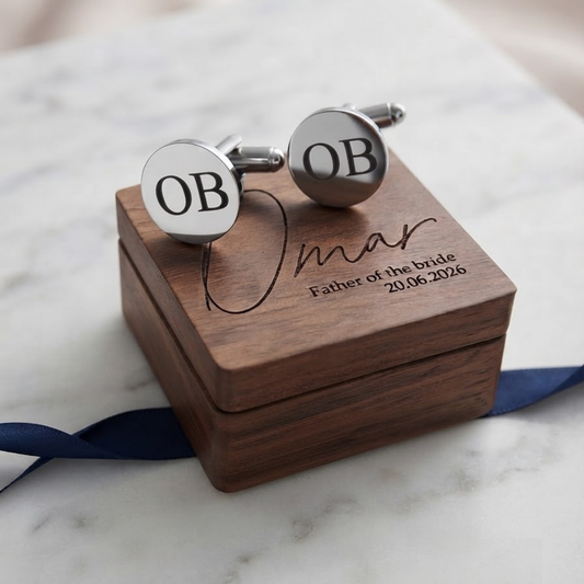 Caja de madera con grabado láser personalizado y mancuernillas de acero inoxidable